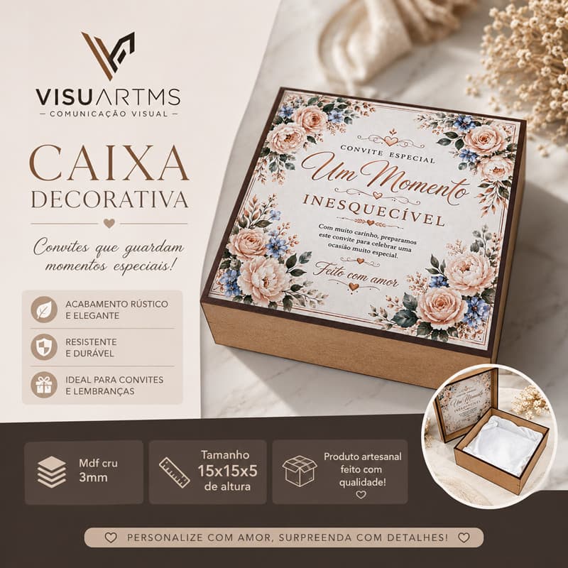 Kit 2 Caixas MDF Convite Padrinhos Casamento Batismo 15x15 Personalizadas