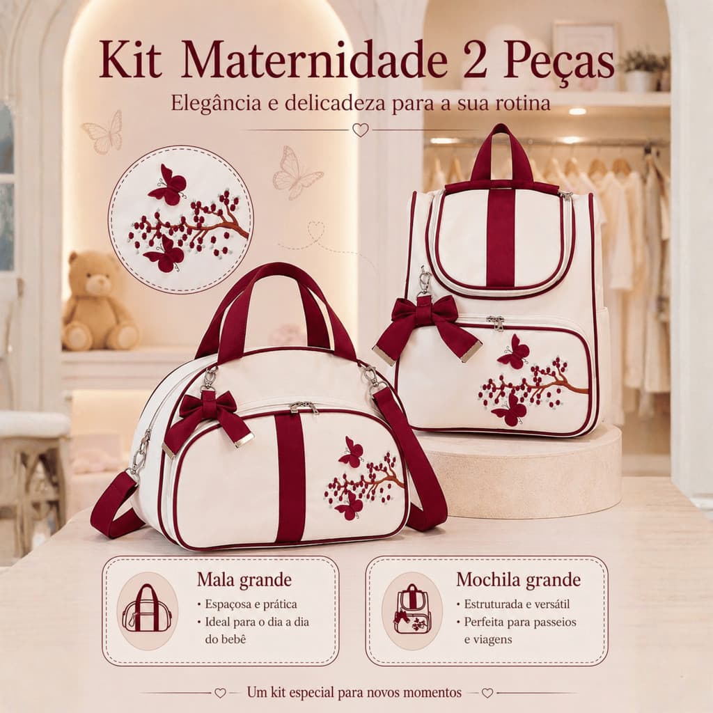 Kit Mala Maternidade Vinho Bolsa de Bebê Menina Mochila Grande Luxo Bordada Borboletas 3D Impermeável Analu Baby