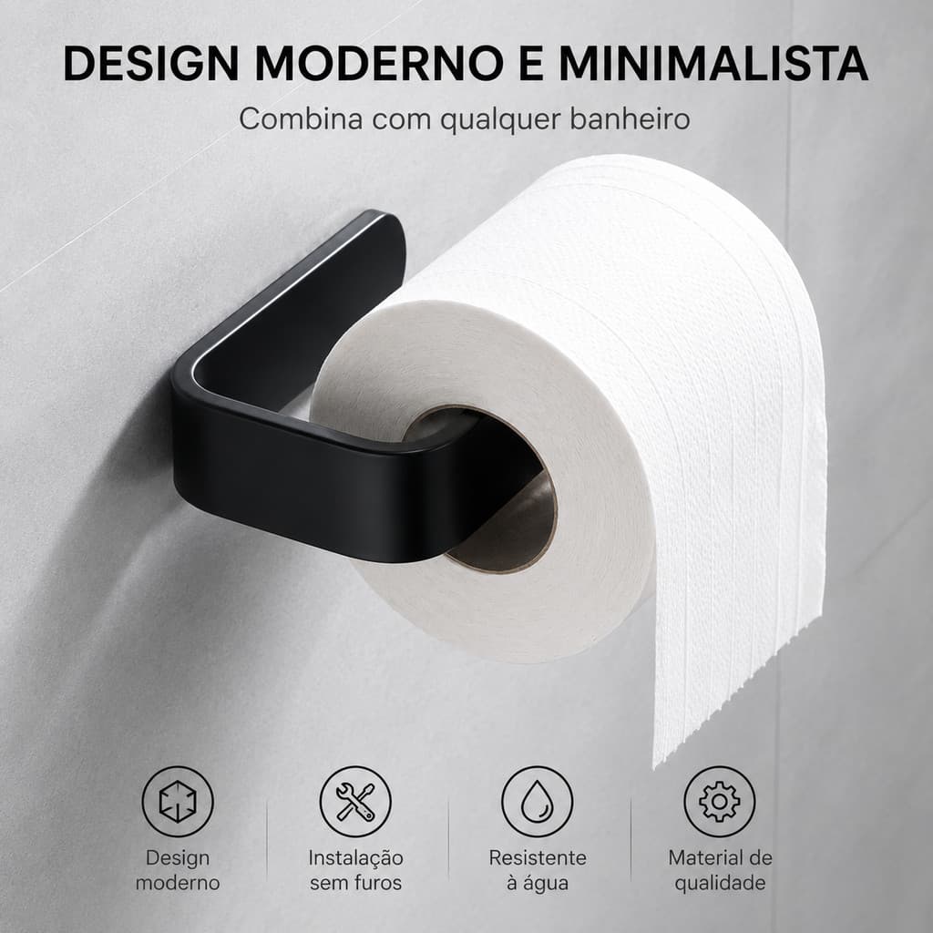 Suporte Porta Papel Higiênico Adesivo Sem Furação Preto Fosco para Banheiro Resistente à Água