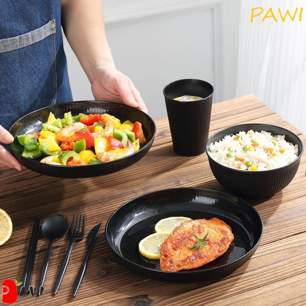 PAWI 3 Unidades/Conjunto De Talheres Pretos , Anti-Queda De Plástico , Prato De Listras Verticais/Tigela/Copo Ao Ar Livr