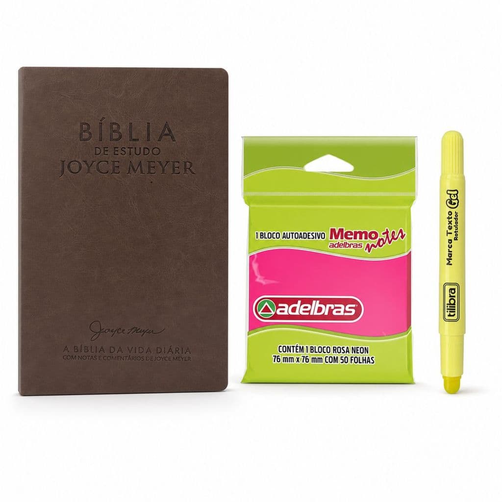 Kit Bíblia de Estudo JM Marrom + Bloco Adesivo + Marca Texto