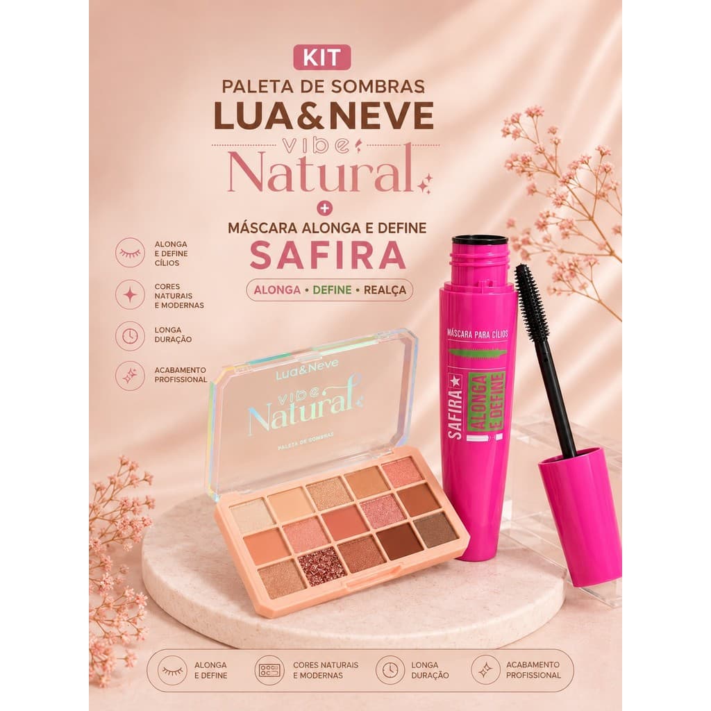 Kit Paleta de Sombras Lua & Neve Vibe Natural + Máscara para Cílios Safira Alonga & Define