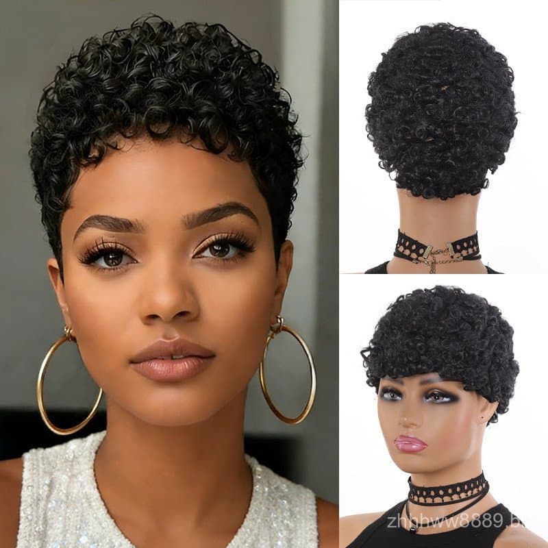 Peruca curta preta encaracolada feminina para comércio exterior europeu e americano, peruca curta afro fofa africana no