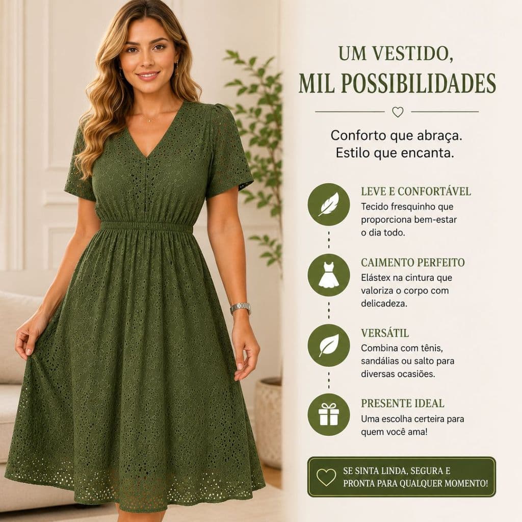 Vestido Midi Lese Feminino Verde Oliva Elegante com Forro Elástex Veste 38 ao 46