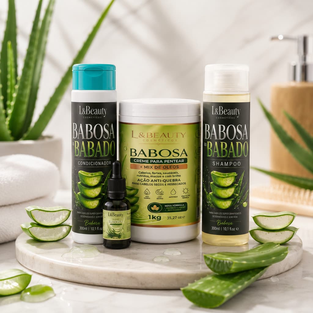 Kit Capilar Babosa do Babado L&Beauty Shampoo Condicionador Creme 1Kg Óleo Crescimento Hidratação
