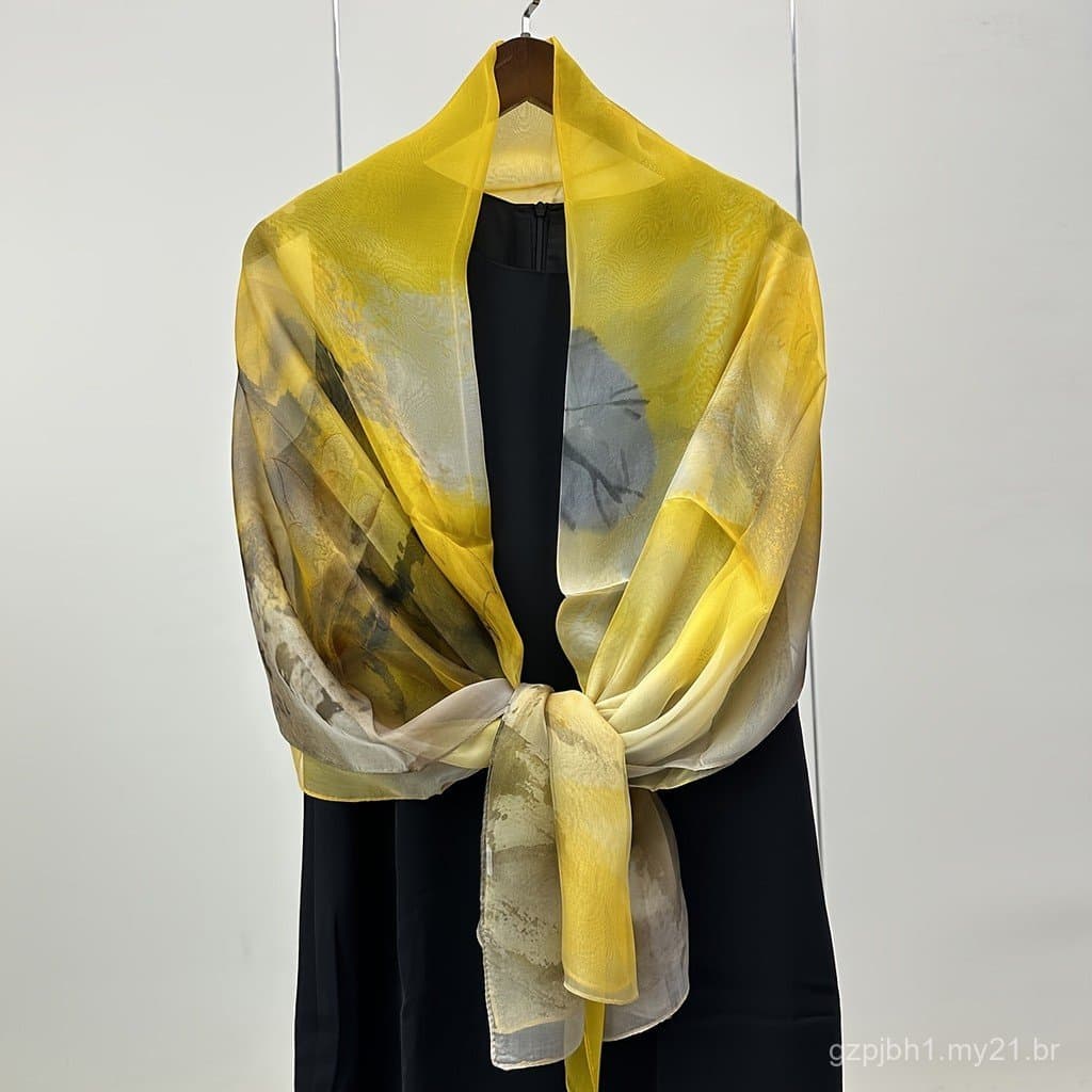Lenço Feminino 100% Seda de Amora - Grande 175x105cm, Leve, Respirável, Estampa Listrada Amarela, Xale e Lenço Versátil
