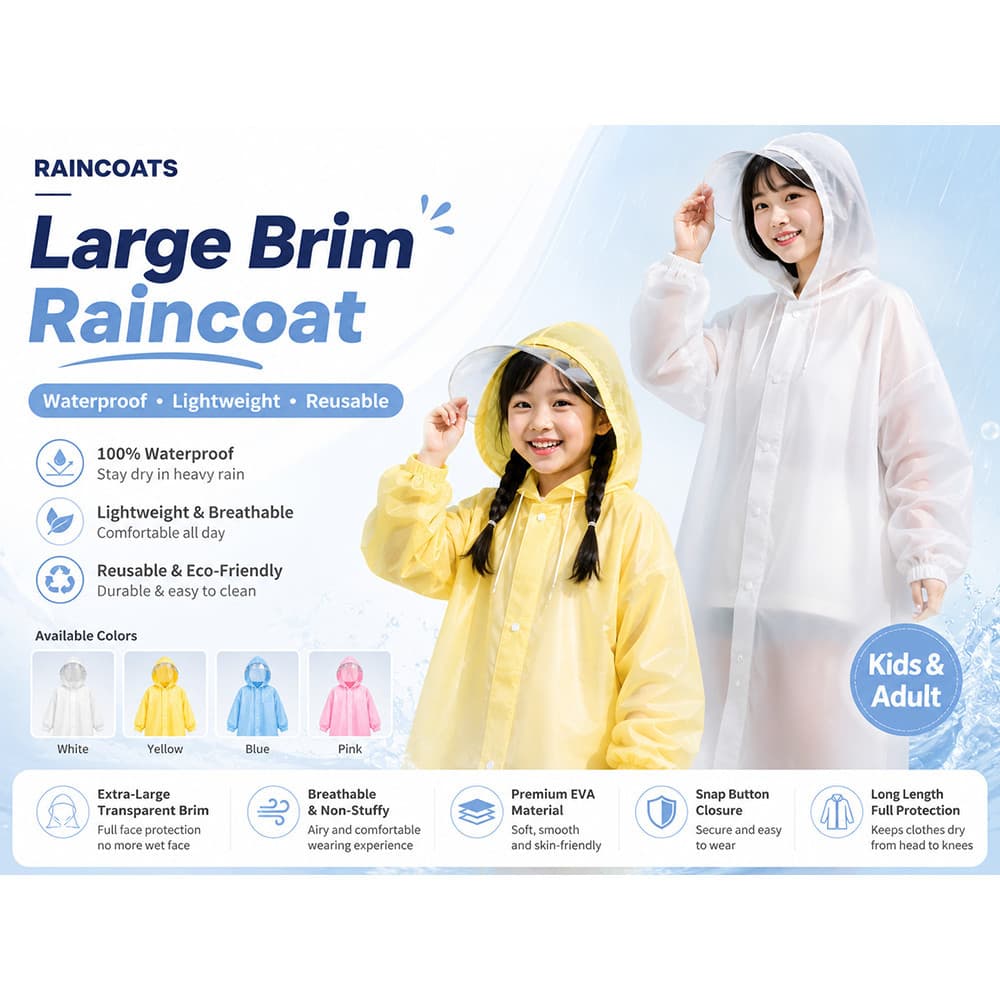 Capa de chuva EVA reutilizável, tamanho grande, aba transparente, à prova d'água, leve, com capuz, adequada para criança