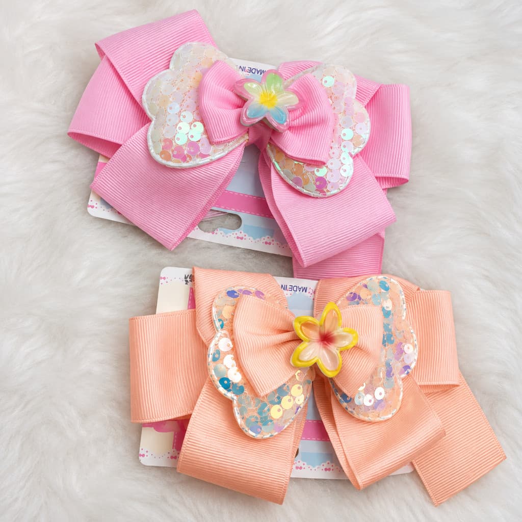 Kit 2 Laço de Cabelo Infantil Rosa Borboleta com Paetê Presilha