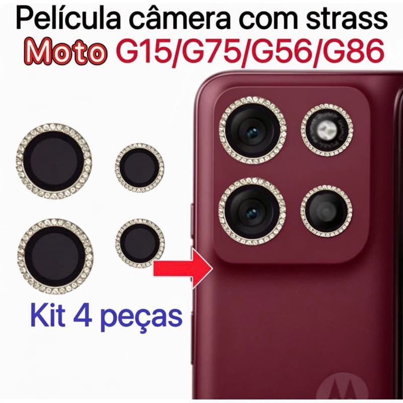 Kit 4 Peças Película Câmera Diamonte Motorola G15/G75/G56/G86 Brilhente Anti Risco Protetor da Lente com Strass