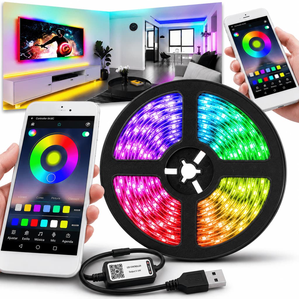 Fita LED RGB 30m Com Controle Remoto Sincroniza Música 210 Modos De Cor Resistente Água Alimentação USB Quarto