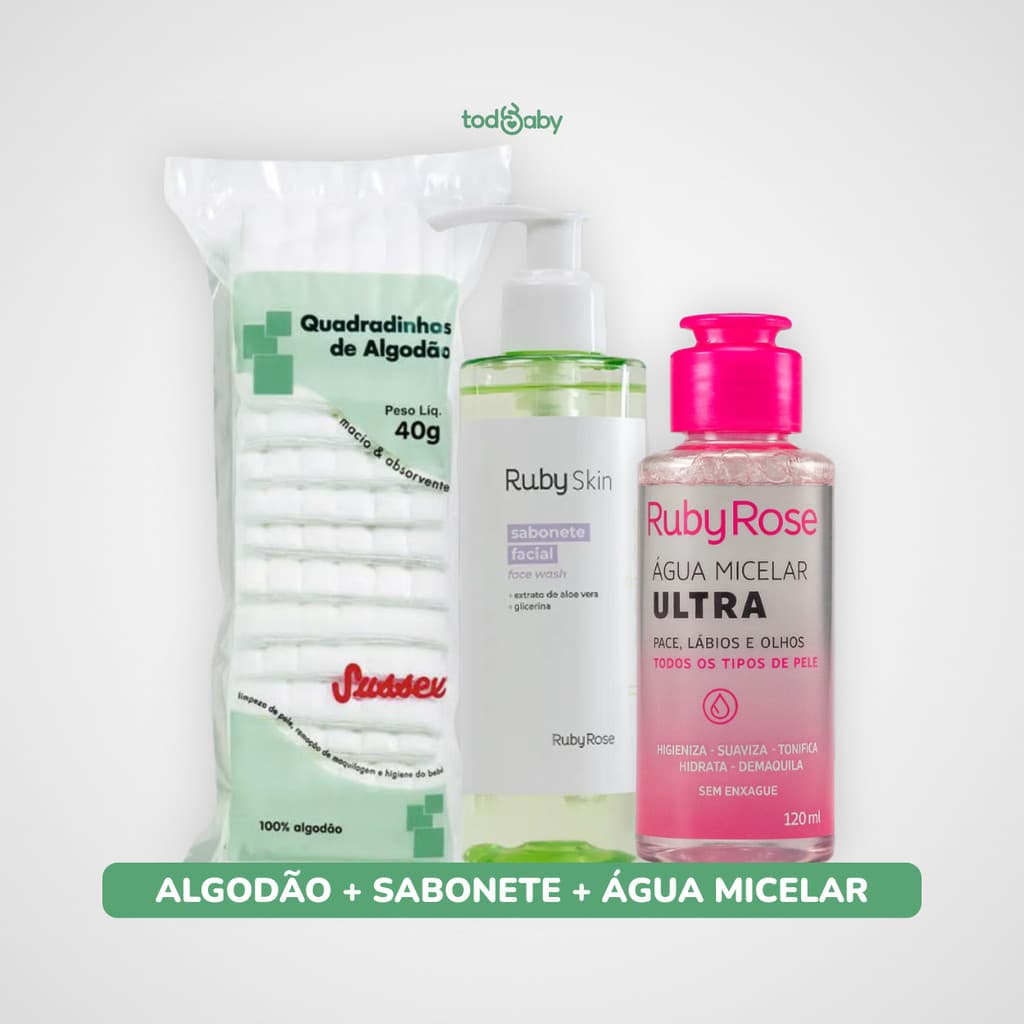 Kit Limpeza Facial Água Micelar Ruby Rose® + Sabonete Facial + Algodão Quadrado