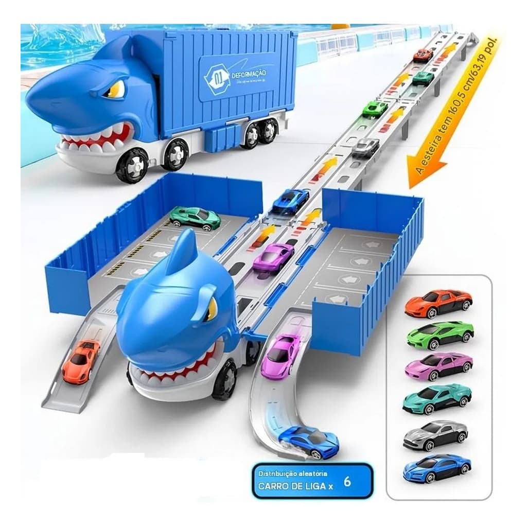 Caminhão Tubarão Porta Carrinhos Transformável Com Pista 6 Carrinhos Brinquedo Infantil Educativo