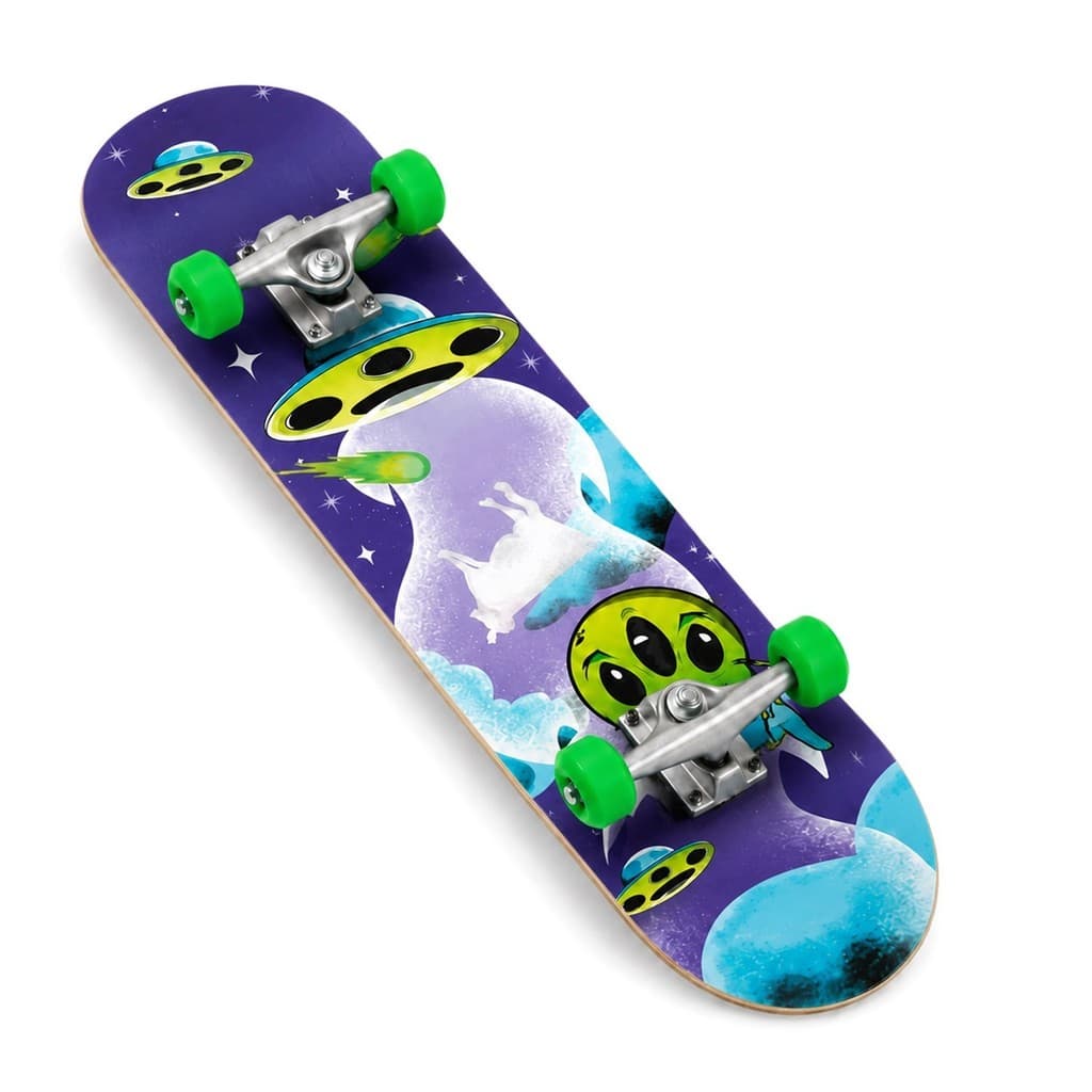 Skate Infantil Estampa Alienígena Holográfico Semi Profissional Suporta 80 Kg Para Iniciantes