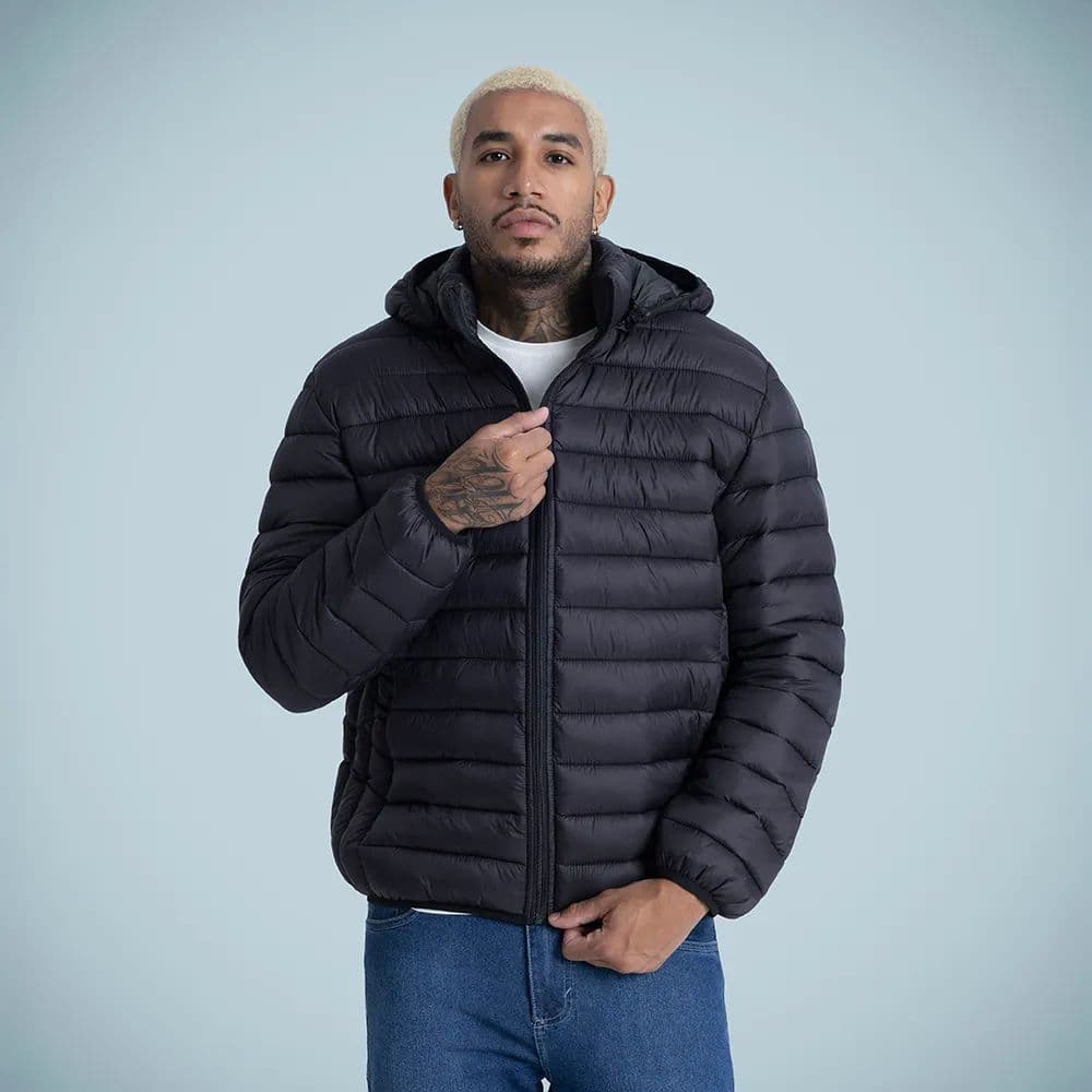 Jaqueta Puffer Masculina Com Capuz Removível Preto