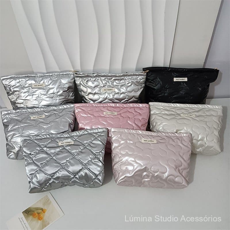 Nova bolsa de maquiagem acolchoada em PU, bolsa para retoques, bolsa interna portátil de mão, bolsa de armazenamento de