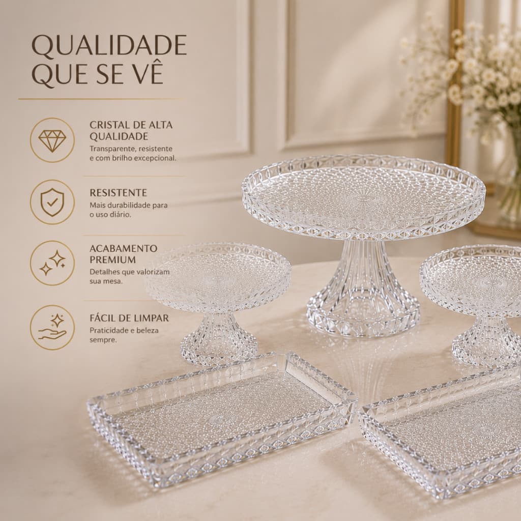 Kit Festa Cristal Luxo Boleira 23cm + 2 Doceiras + 2 Bandejas Acrílico Mesa Posta Decoração Festa