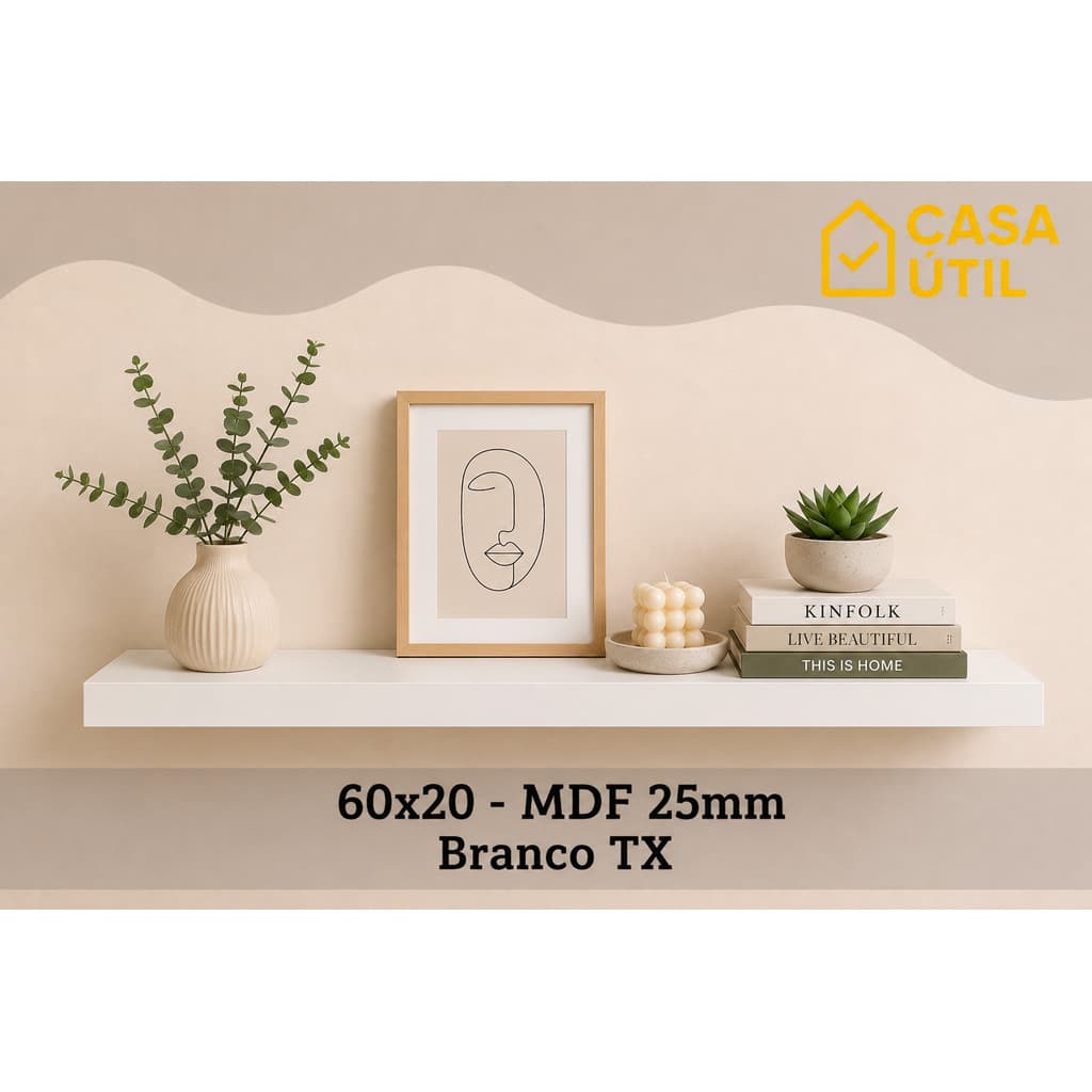 Prateleira Flutuante 60x20 cm MDF 25mm Branca com Suporte Invisível Sala, Cozinha e Quarto