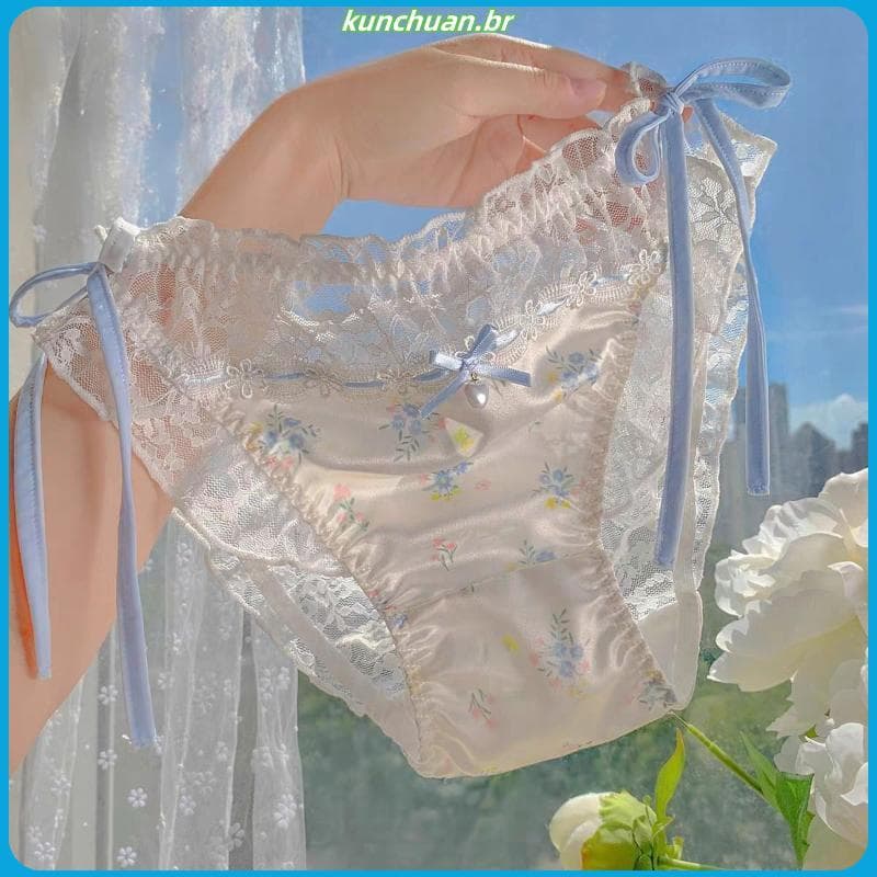 Vento ensolarado flor nota doce pequeno fresco Floral alta fenda Bowknot calcinha feminina 2025 novo estilo cuecas de re