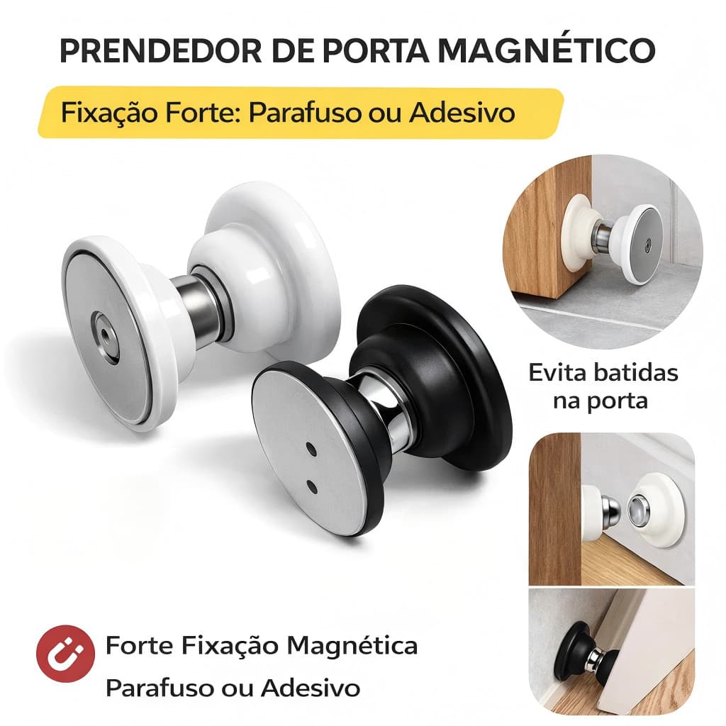 Trava Magnética De Porta Forte Anti Impacto – Sem Barulho Com Adesivo Ou Parafuso Inox 304