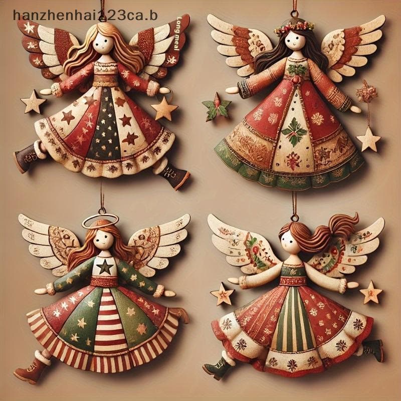 HAN 4 Peças Enfeites De Natal De Anjo De Madeira Feitos À Mão-Decoração Festiva Multicolorida Para Árvore , Casa E Pinge