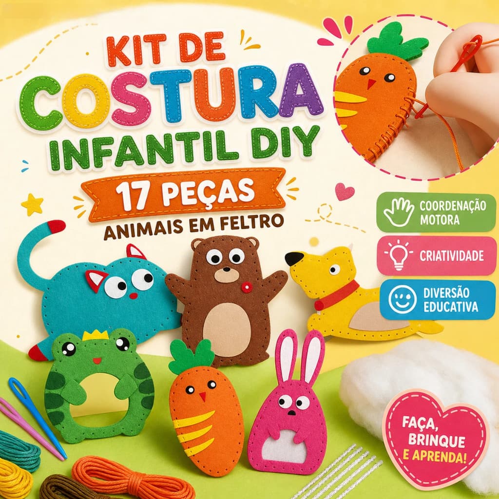 Kit de Costura Infantil DIY 17 Peças Animais em Feltro Artesanato Educativo Coordenação Motora