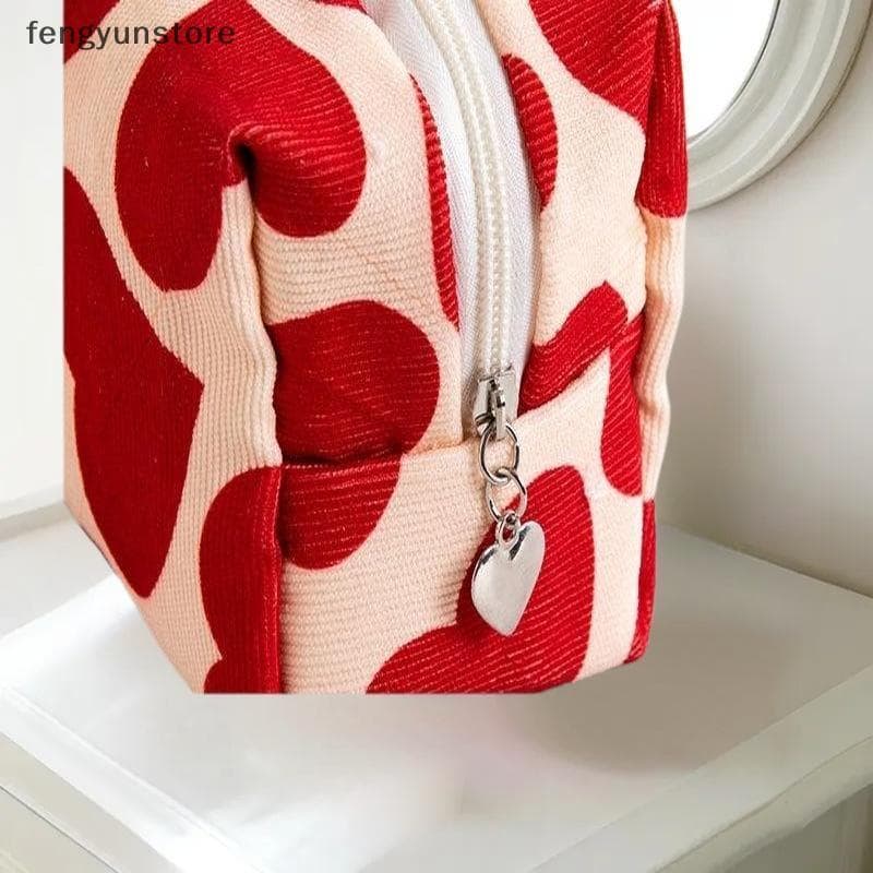 Coração Vermelho Veludo Feminino Saco De Cosméticos Viagem Portátil Bolsa De Maquiagem Lavagem Armazenamento De Higiene