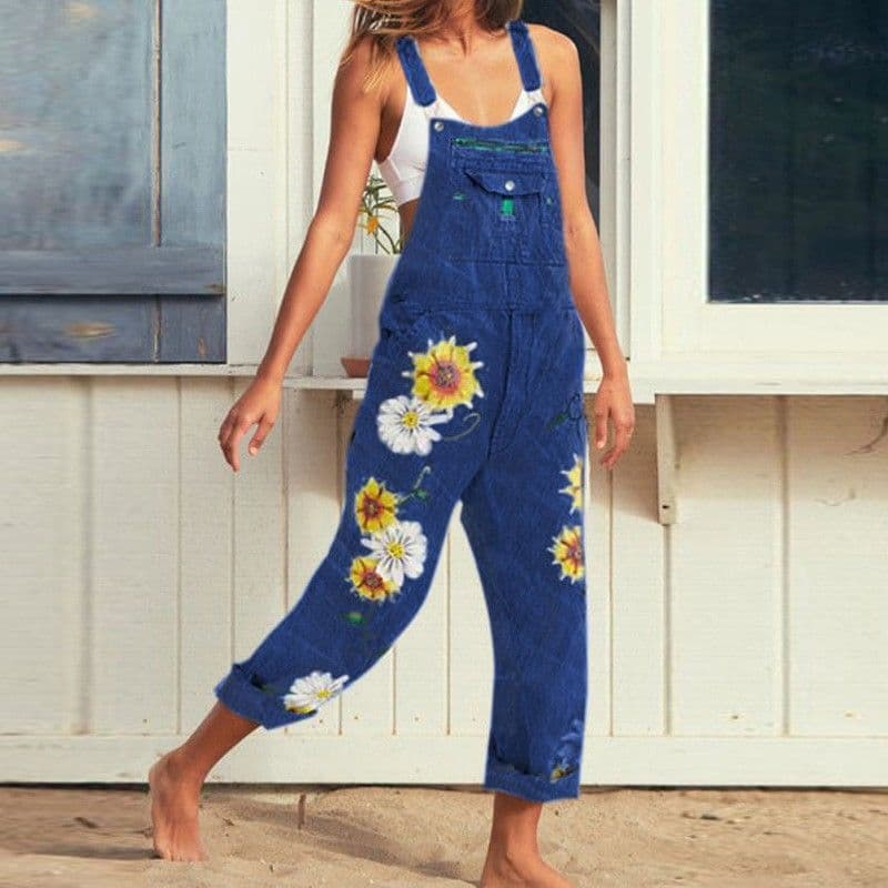 Roupas femininas Macacão jeans com suspensórios estampados femininos1111111111