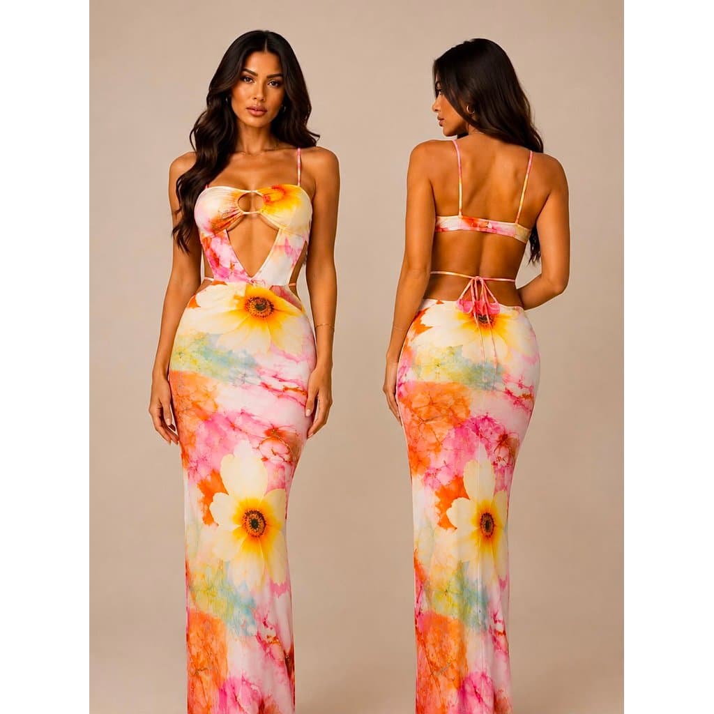 Vestido Feminino Alcinha Longo Estampado Tendência Verão 2027 Tropical Vestido com amarracao Floral Elegante