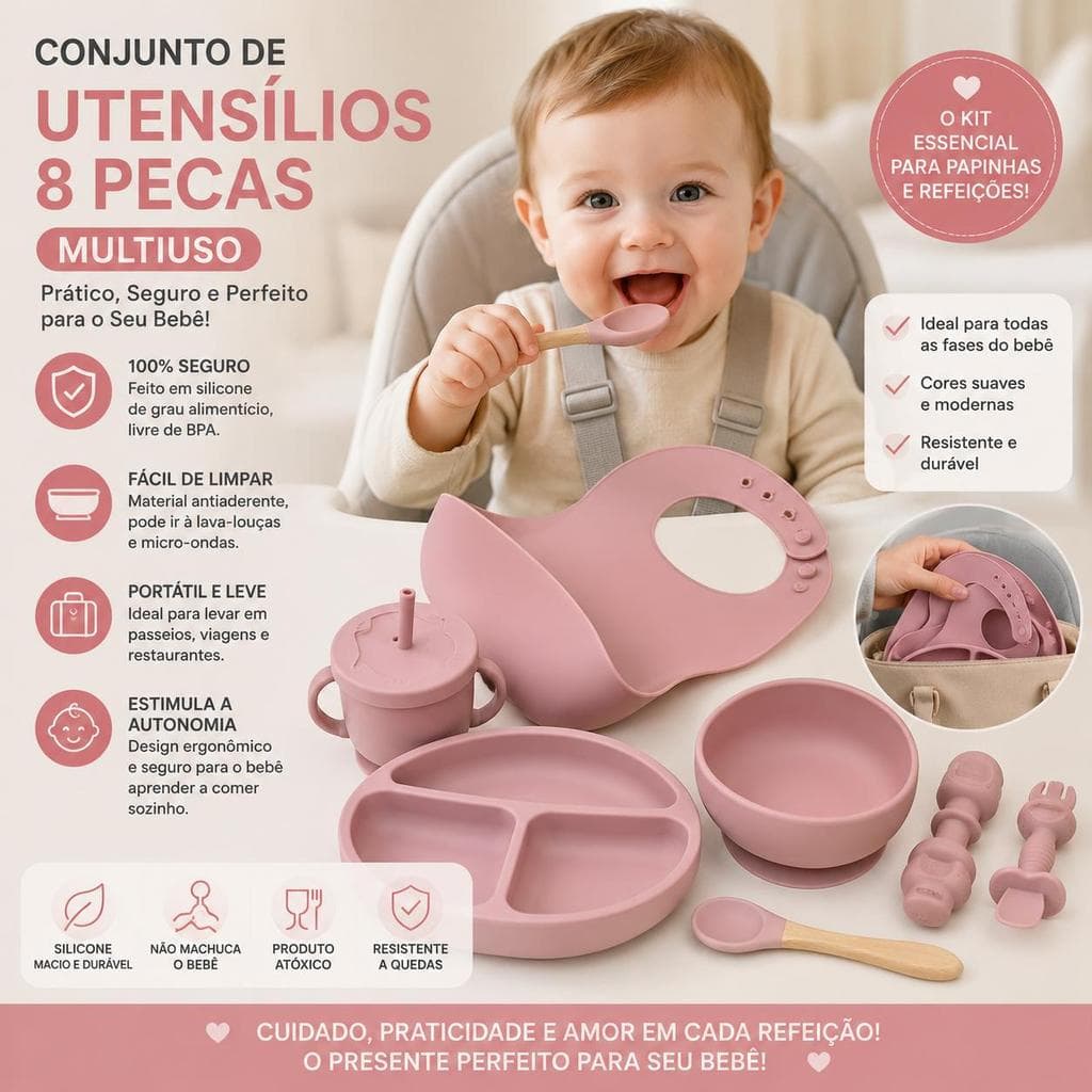 Conjunto 8 Peças Talheres Bebê Silicone BPA Free Ventosa Fácil