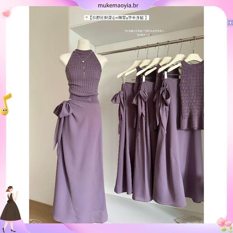Verão francês nicho terno roxo sem mangas colete topo lindo vestido usar terno saia longa feminino