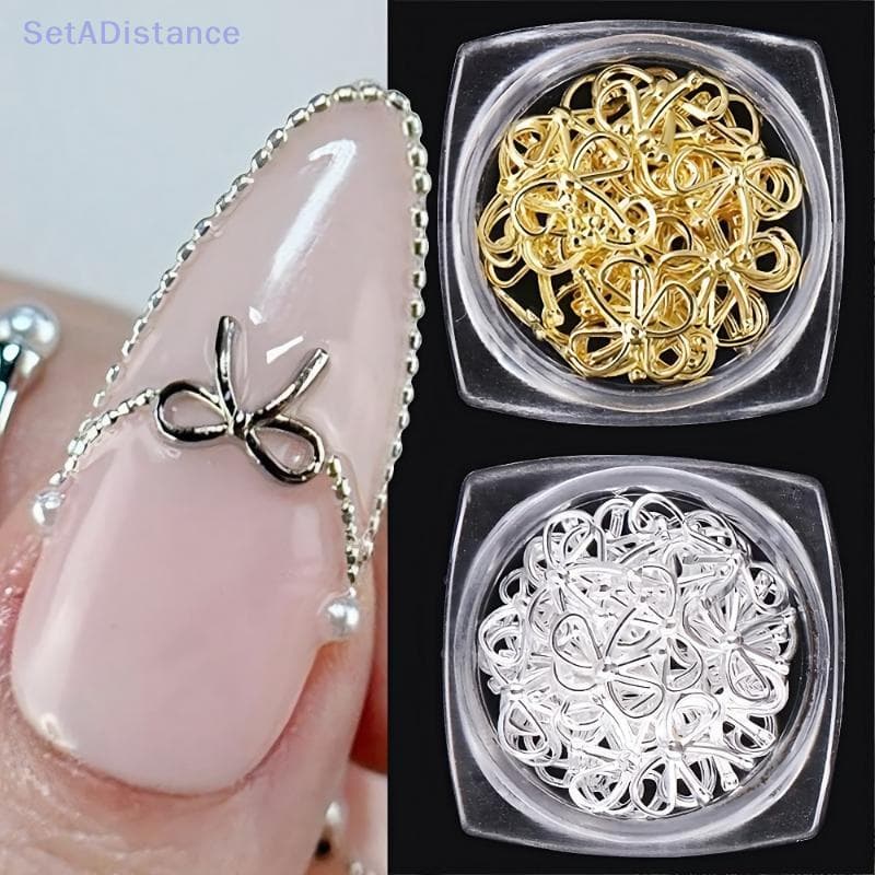SetADistance 30 Pçs/Caixa 3D Requintado Laços De Metal Encantos De Arte De Prego Minimalista Ouro Prata Fita Linha Arcos