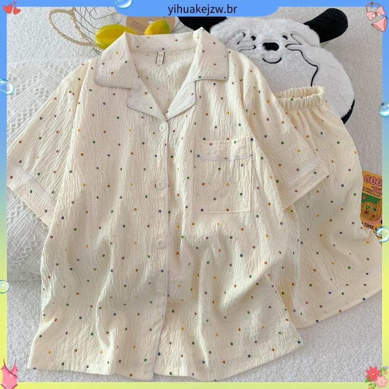 Azul listrado urso verão nuvem algodão pijamas feminino Shorts de manga curta de duas peças dos desenhos animados doce H