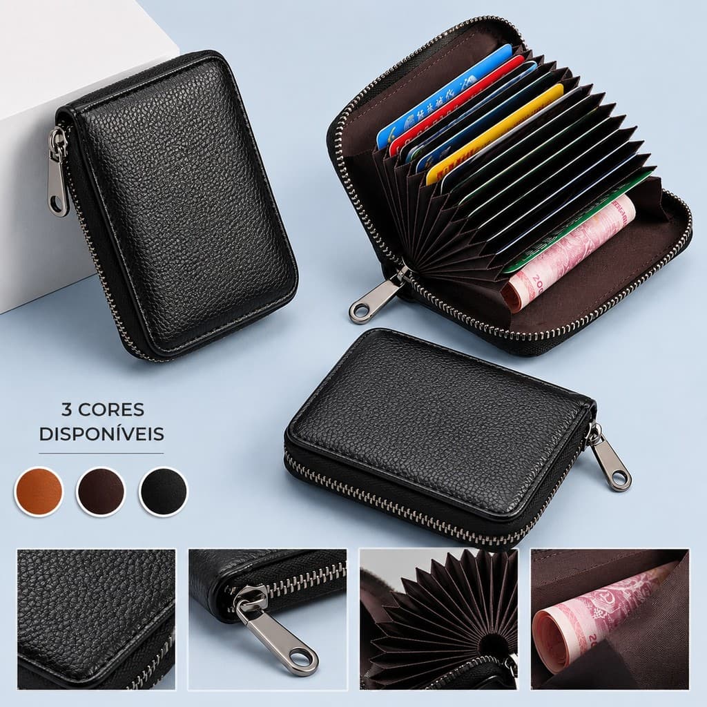 Porta Cartão Feminino com Zíper Couro Sintético Slim Multi-slot Compacto Bolsa Carteira Feminina