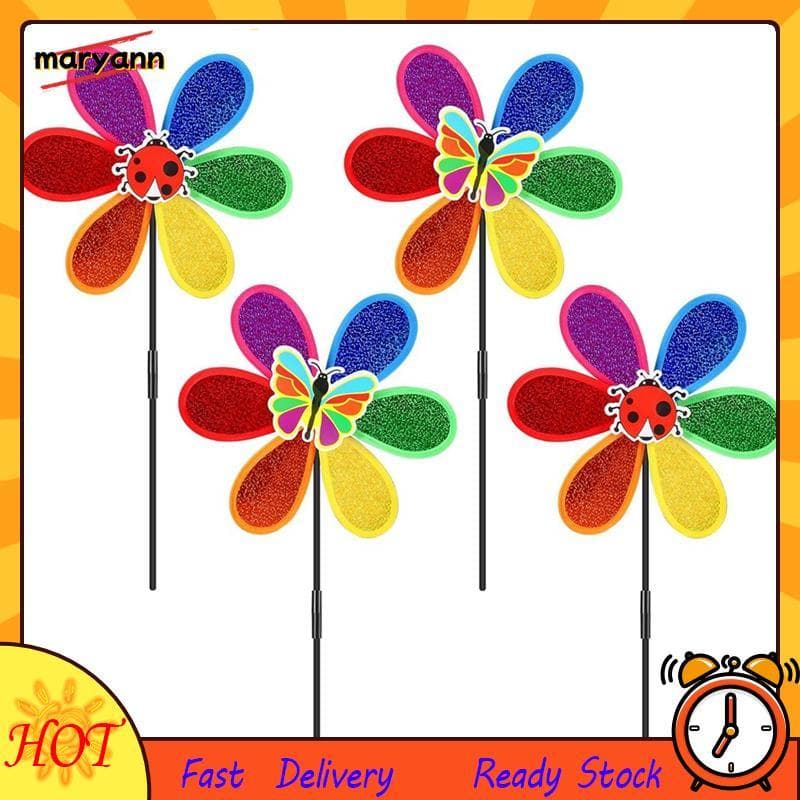 Cataventos De 4 Pces Para O Jardim , Moinho De Vento Colorido Do Arco-Íris Da Flor , Gramado Moinhos Fácil Instalar De U