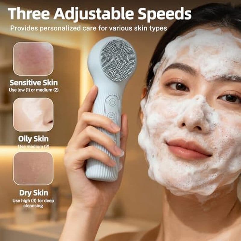 Escova elétrica de limpeza de Silicone, 3 modos e 45°Aquecimento C, IPX7 à prova d'água, escova de limpeza Facial recarr