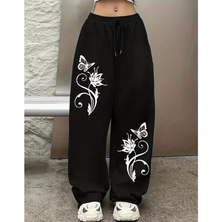 Calça Feminina De Moletom Larga Streetwear Y2K Estampa Floral Borboleta