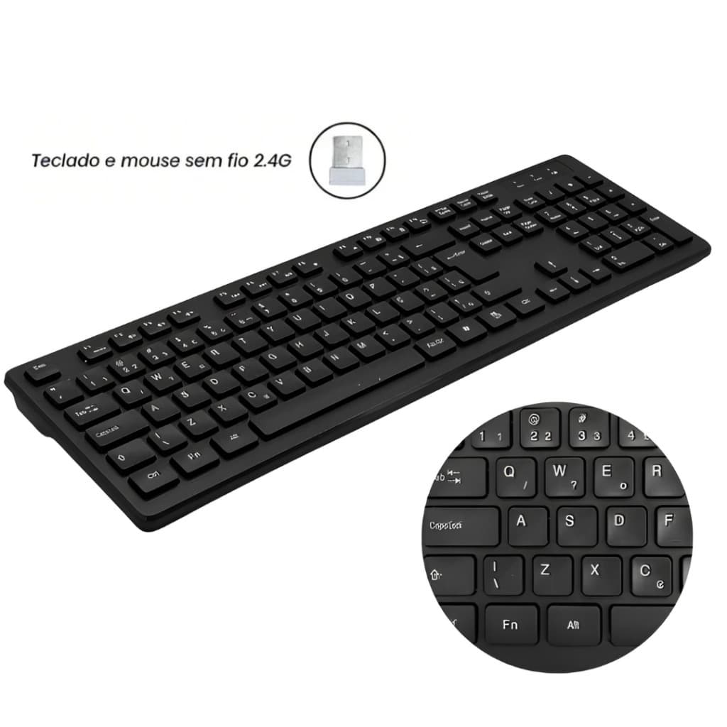 Teclado Sem Fio ABNT2 2.4GHz Preto Branco Silencioso Slim Home Office Para Computador
