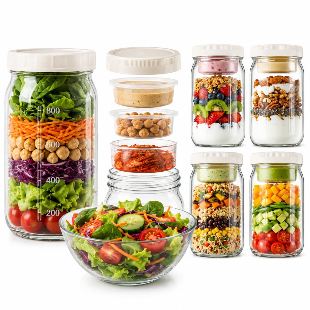 Pote De Vidro Para Salada Com Tampa E Copo Para Molho 950ml
