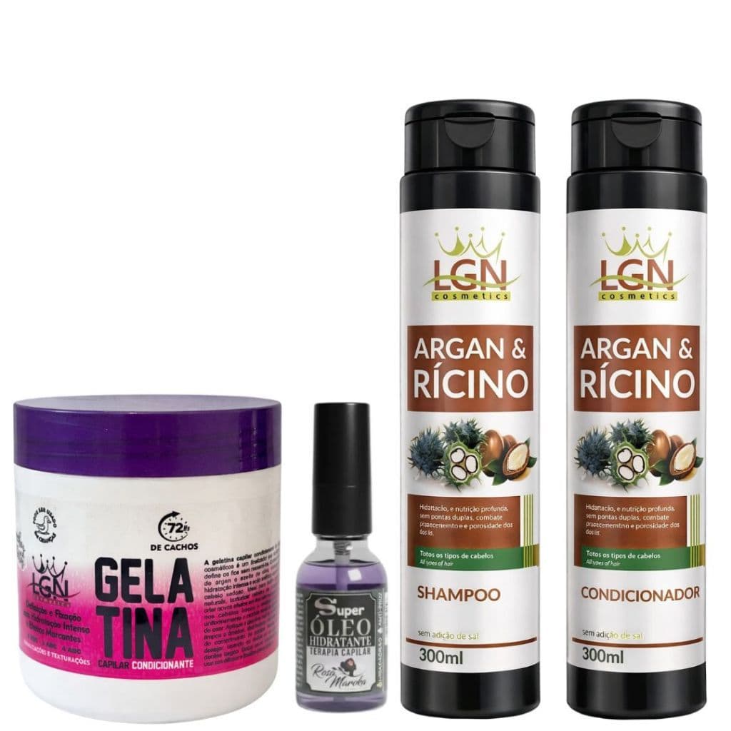 Shampoo Condicionador 300ml Gelatina 500g LGN Cosmétcs- e Óleo Crescimento Capilar 30ml - RosaMaroka
