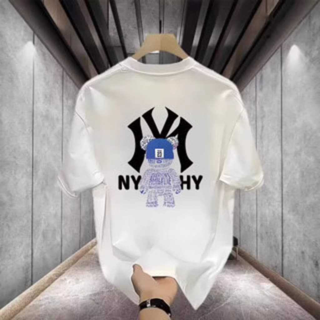Unisex Camiseta Masculina Estampada De Meia Manga Verão Topo Estilo Hong Kong Em Torno Do Pescoço Street Wear Solto