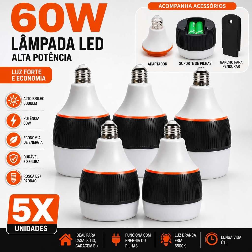 Atacado Kit 5 Lâmpadas de Emergência 60W Recarregáveis E27 Até 6 Horas Ligada Após Falta de Energia Bivolt.