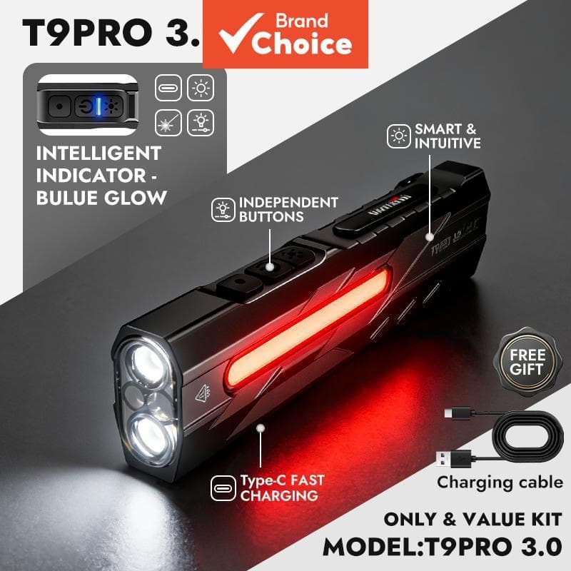 WARSUN T9PRO Lanterna LED Recarregável 1300mAh, Tocha Ultra Brilhante, Clipe Magnético, Multi Modos, Luz Portátil