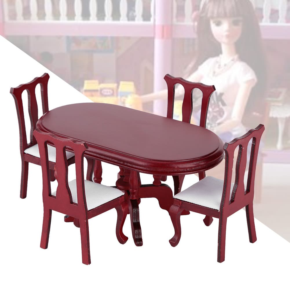 Conjunto De Mesa De Cozinha Para Casa De Boneca 1 : 12 , Com 4 Cadeiras Encosto Alto , Móveis De Madeira Elípticos , Ace