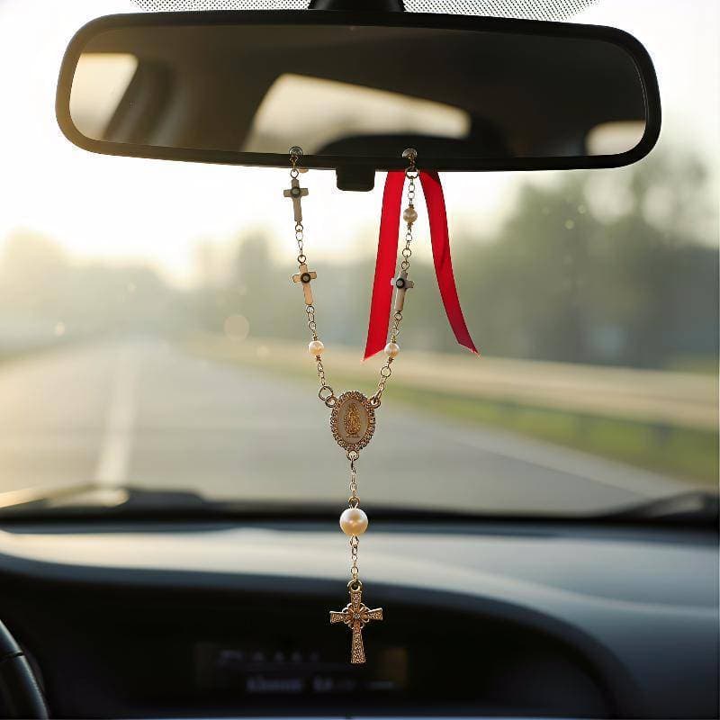Rosário Pingente De Carro Acessório Volante Fé Ornamento Decorativo Frisado Cruz Bênção Presente Para Interior De Automó