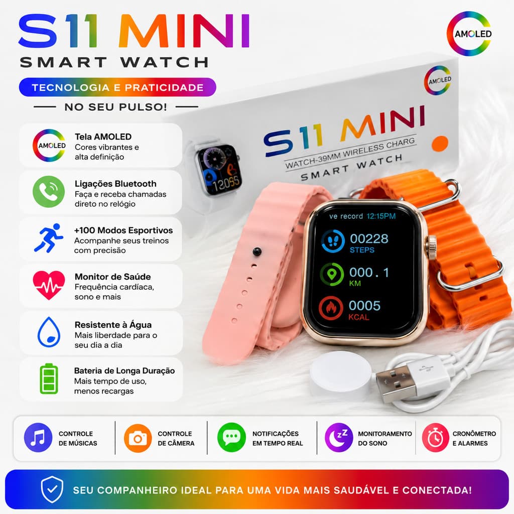 Smart Watch Relogio S11 mini inteligente 39mm series 10 2026 2 Pulseiras