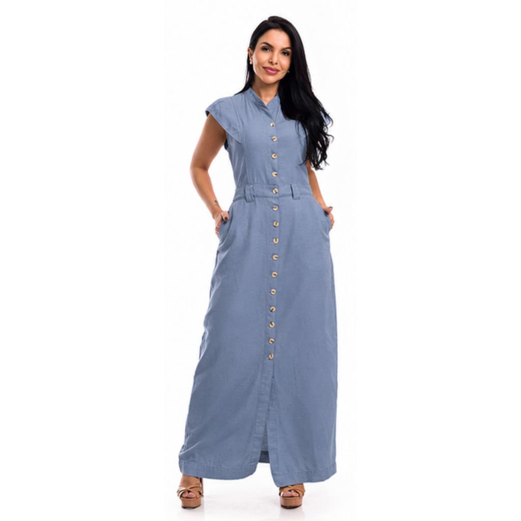 Vestido Longo de Linho Azul Premium Manga Curta com Botões Elegante Moda Evangélica