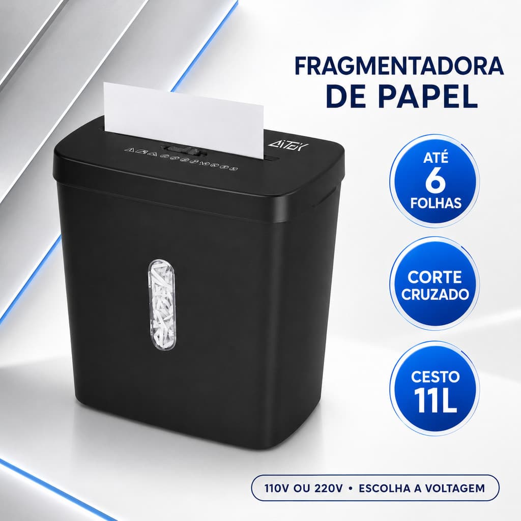Fragmentadora de Papel AITEK 6 Folhas A4 Corte Cruzado Cesto 11L Automática com Reversão 110V ou 220V
