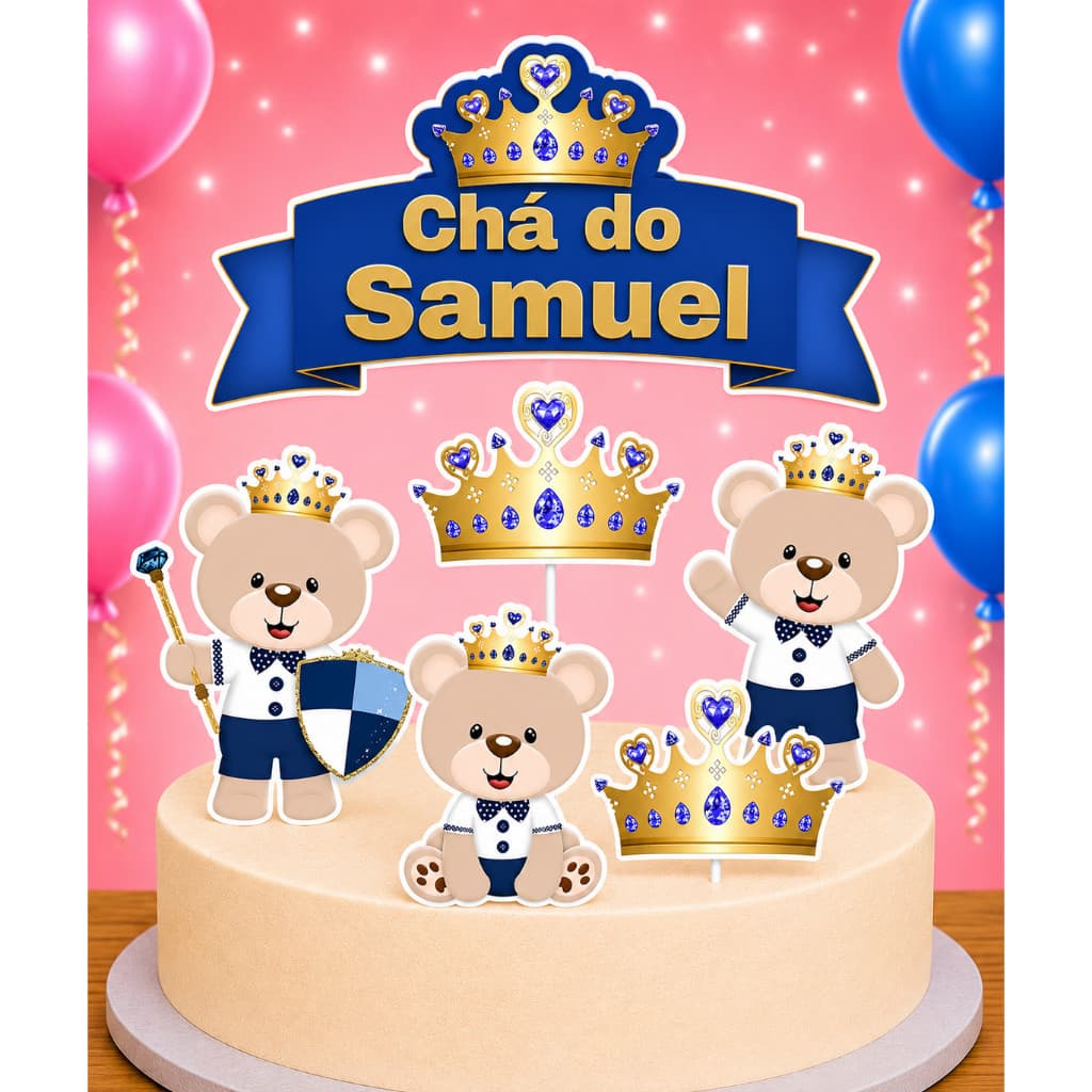 Topo de Bolo Topper Personalizado com nome Chá Ursinho Rei - ENVIO RÁPIDO