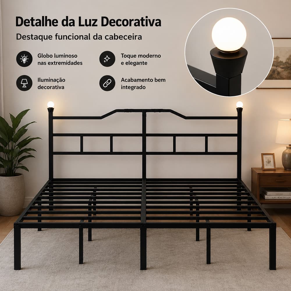 Estrutura de Cama de Metal Suporta até 1350kg Estrutura de Ferro Resistente com Cabeceira para Quarto Pequeno