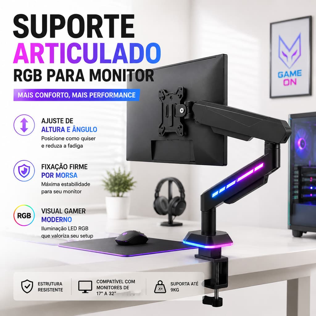 Suporte Articulado Para Monitor Compatível 17 a 32 Polegadas RGB Pistão a Gás Rotação Multi Eixos para PC Desktop